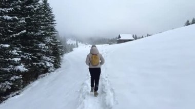 Genç bir kadın, karlı bir yolda yürüyor. Etrafı hep yeşil ağaçlar ve uzak bir kulübeyle çevrili. Huzurlu kış manzarasını ve huzurlu bir ortamda taze kar yolculuğunu gösteriyor.