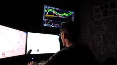 Kripto para analizi yapan tüccar, dinamik olarak birden fazla ekranla etkileşime geçiyor, piyasa dalgalanmaları ve karar verme anlarında yoğun bir odak ve heyecan gösteriyor..