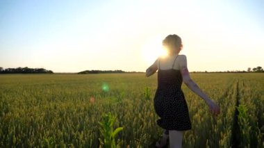 Pembe saçlı neşeli bayan hippi yeşil arpa tarlasında koşarken eğleniyor. Gün batımında buğday çayırında koşan dövmeli mutlu punk kadın. Neşeli hippi kız yaz gününün tadını çıkarıyor..