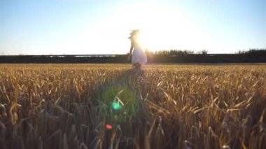 Buğday alan bir çalışan beyaz elbiseli Genç kız. Tanınmayan kadın çavdar çayır koşu için izleyin. Mavi gökyüzü arka plan, parlak güneş ışığı ile. Özgürlük kavramı. Ağır çekim.