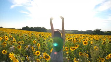 Ayçiçeği tarlasında el kaldırarak duran ilham verici kız. Özgürlüğün tadını çıkaran kadın ya da güzel doğa. Arka planda parlak güneş ışığı olan manzaralı bir yer. Açık hava eğlence konsepti. Arka plan.