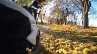 Orman yolu güneşli bir sonbahar gününde sürme motosiklet