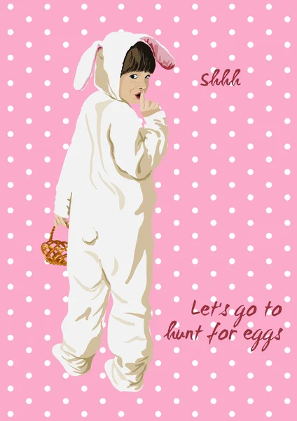 Paskalya kartı. Bunny kostüm sepeti ile kız.
