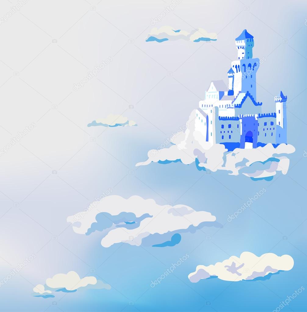 Vector castle in the clouds. Dream sky palace.