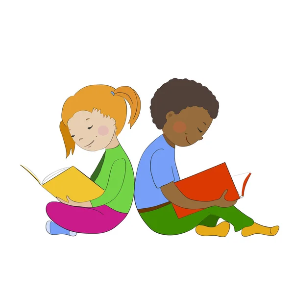 Crianças lendo livros. Menino e menina aprendizagem . — Vetor de Stock