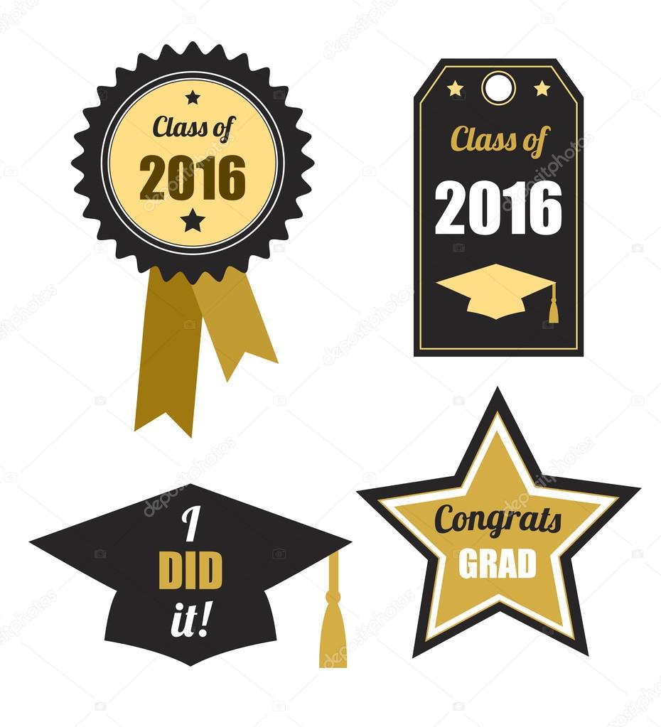 Graduation logos set. Class of 2016. Collection of gold and black icons for graduation party or ceremony invitation, greeting card design. Vector flat. Logos and labels.