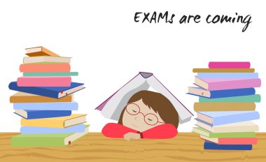 Sınav öğrenci stres. Kız öğrenci kitap altında uyur.