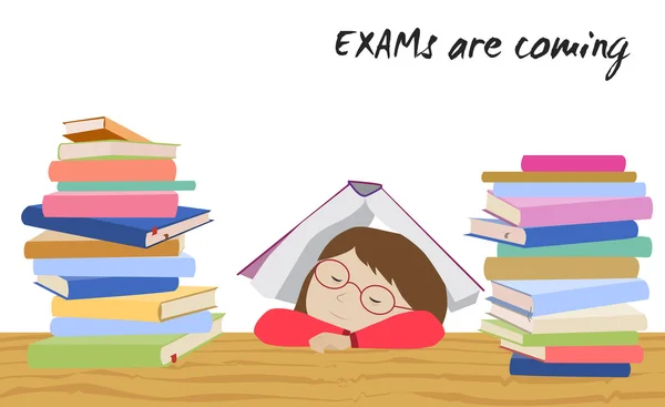 Examen de estrés estudiantil. Colegiala duerme bajo el libro . — Vector de stock