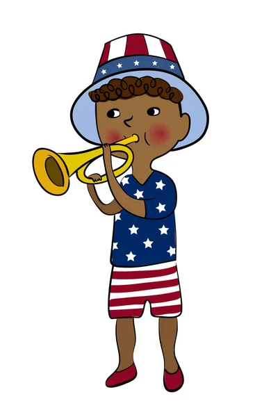 Menino vestido em estilo bandeira americana com trompete —  Vetores de Stock