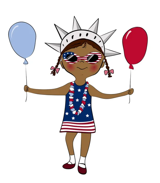 Fille habillée en couleurs drapeau des États-Unis avec des ballons — Image vectorielle