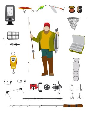 Fisherman and fishing tackle flat icon set clipart