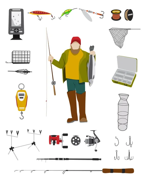 Pescador e pesca enfrentar conjunto ícone plana — Vetor de Stock