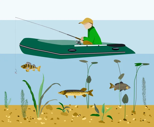 Pescador pescando en un barco concepto de vector plano — Vector de stock