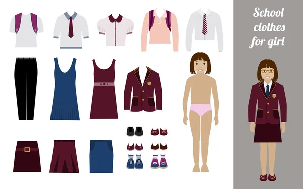 Crear kit de niña de la escuela con diferentes uniformes — Vector de stock