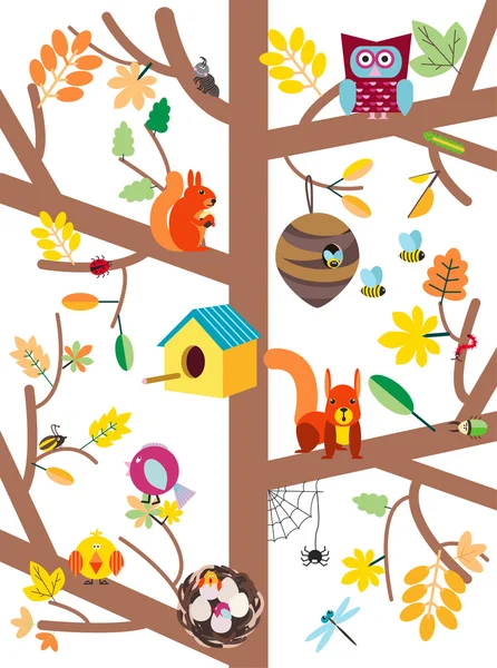 Arbre d'automne avec animaux illustration vectorielle plate — Image vectorielle