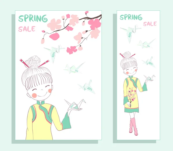 Banner de venda de primavera com menina bonito — Vetor de Stock