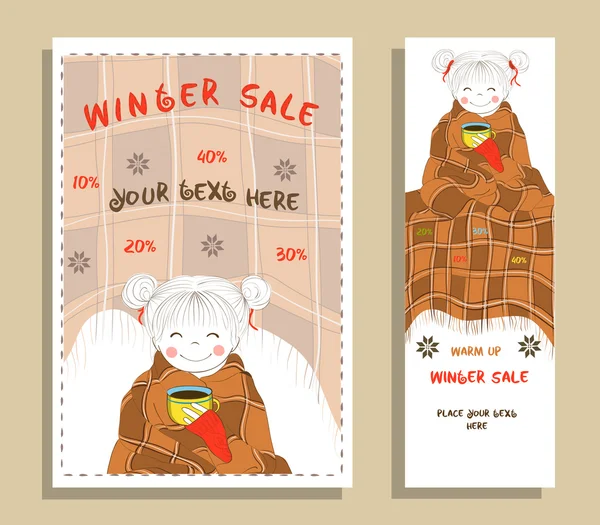 Χειμώνα πανό "πώληση" με χαριτωμένο κορίτσι — Διανυσματικό Αρχείο