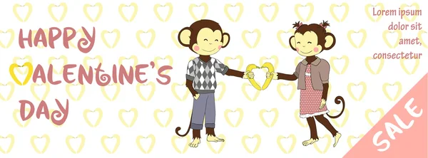 Valentinstag Verkauf Banner mit niedlichen Affen — Stockvektor