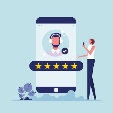 Kullanıcı deneyimleri veya müşteri desteği gözden geçirme kavramı, dost destek temsilcisi aktif olarak müşterilere yardımcı olur, müşteri kaliteli hizmet için 5 yıldız gözden geçirme yapar