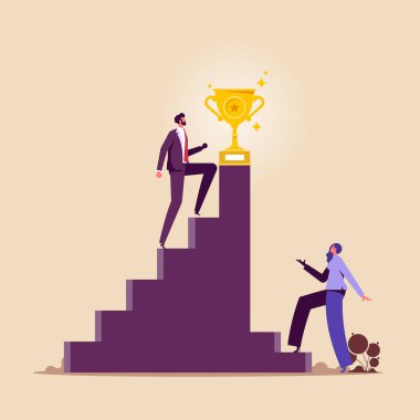 Cinsiyet eşitsizliği ve haksız rekabet kavramı, iş adamı ve iş kadını farklı boyutlarda merdivenlerin önünde duruyor, farklı kariyer fırsatları