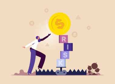 Risk yönetimi, kontrol veya yatırım için para kaybetmeyi değerlendirmek, iş kadını blok küpüne RISK kelimesi ile dolar kübü seçmeye çalışır