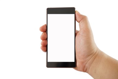 Beyaz arkaplanda kırpma yolu ile izole edilmiş boş akıllı telefon tutan erkek el