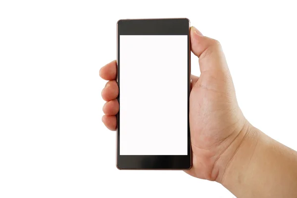 Beyaz arkaplanda kırpma yolu ile izole edilmiş boş akıllı telefon tutan erkek el