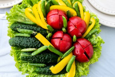 Üst manzara, büyük bir tabakta bir sürü doğranmış sebze.