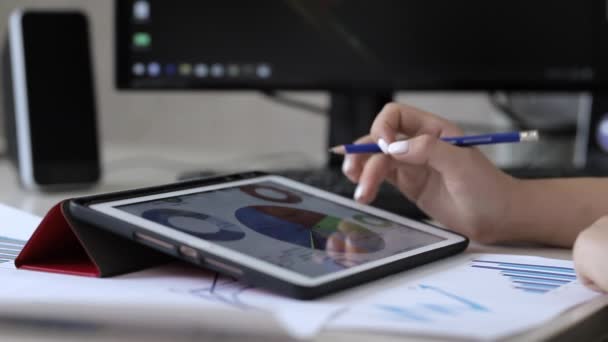 Akuntan Bekerja Dengan Grafik Keuangan Pada Tablet — Stok Video