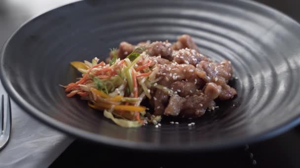 摄像机围绕着一道装饰精美的猪肉和酱汁盘 — 图库视频影像