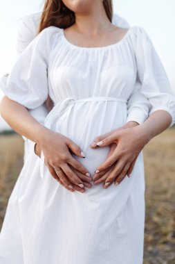 Genç çift gün batımında bir tarlada durur, çift elleriyle hamile karnını şekillendirir.