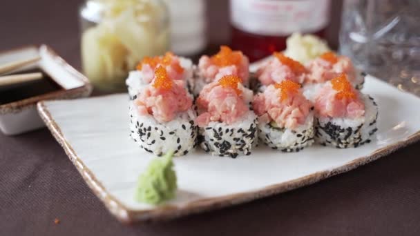 Sushi Set Red Caviar Beautifully Presented Table — Stock Video