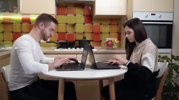 Slow Motion Young Couple Freelancers Working Home — Stock Video