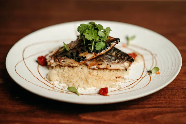 Grilled Mackerel Couscous White Plate Stock Photo