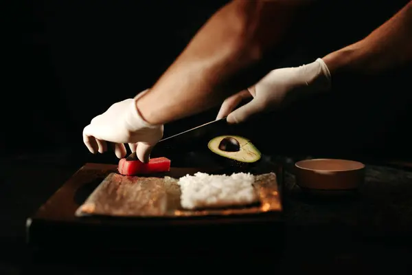 Chef White Gloves Prepares Rice Sushi — Stock Photo, Image