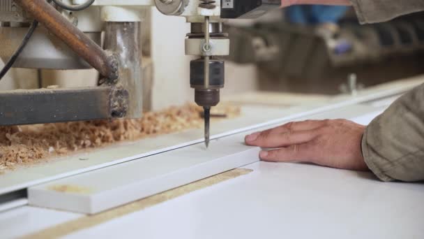 Carpinteiro Faz Furos Móveis Usando Uma Máquina Perfuração Elétrica — Vídeo de Stock