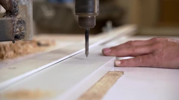 Carpinteiro Faz Furos Móveis Usando Uma Máquina Perfuração Elétrica — Vídeo de Stock