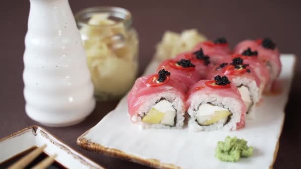 Die Kamera Kreist Das Sushi Set — Stockvideo