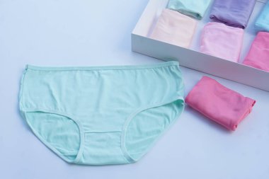 Pastel kadın iç çamaşırı seti beyaz arka planda katlanmış iç çamaşırlarıyla hediye kutusunda sergileniyor. Nane, pembe ve mor tonlarda yumuşak pamuk kumaş konfor, hijyen, moda ve günlük temel konsepti temsil eder..