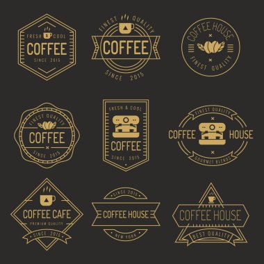 İnce çizgi kahvehane etiketleri, afiş, şerit, logo ve rozetleri vektör kümesi