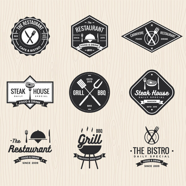 Set of badges, labels and logos for restaurant, foods shop, steak house and barbecue