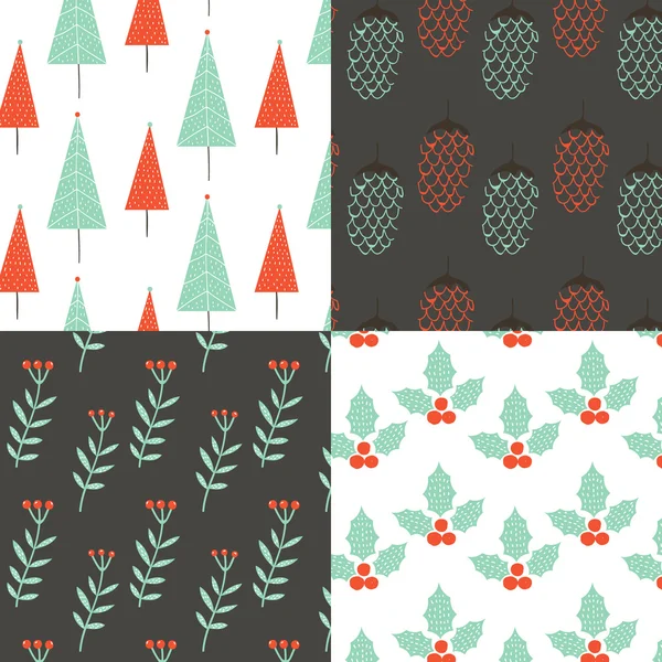 Christmas tree, pine cones, mistletoe , flowers seamless background pattern set vector illustration — Stock Vector