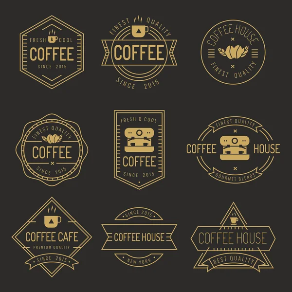 İnce çizgi kahvehane etiketleri, afiş, şerit, logo ve rozetleri vektör kümesi