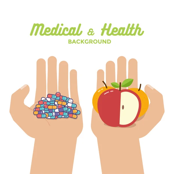 Pillole colorate compresse capsule e frutta sana arance mela in background mani. Un concetto di vita sana . — Vettoriale Stock