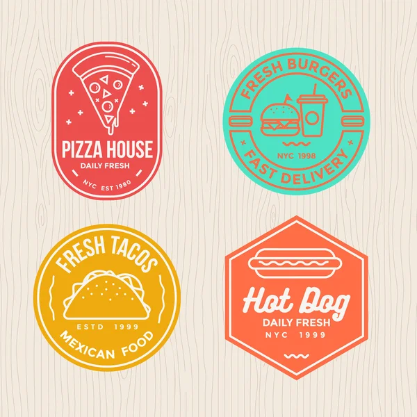Distintivos de comida rápida emblema logotipo pancarta con moderno diseño de línea delgada plana para pizza, hamburguesa, tacos y restaurante de hot dog . — Archivo Imágenes Vectoriales
