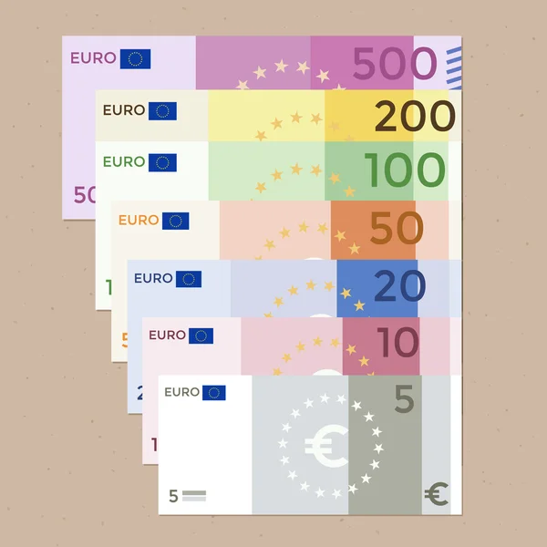 Färgglada 500 euro, 200 euro, 100 euro, 50 euro, 20 euro, 10 euro, 5 eurosedlar på en trä bakgrund. Platt design vektor illustration. — Stock vektor