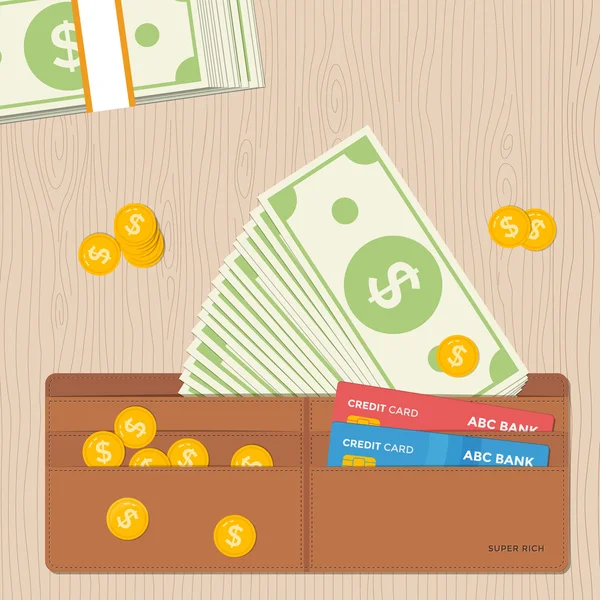 Portfel skórzany pełen dolarów zauważa monety i karty kredytowe. Płaska ilustracja wektorowa. — Wektor stockowy