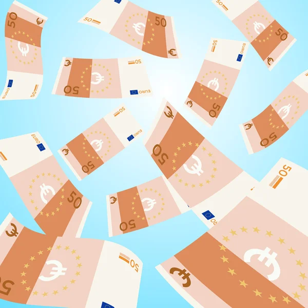 Pieniądze spada z nieba na niebieskim tle. 50 banknotów euro objętych. Ilustracja wektorowa. — Wektor stockowy