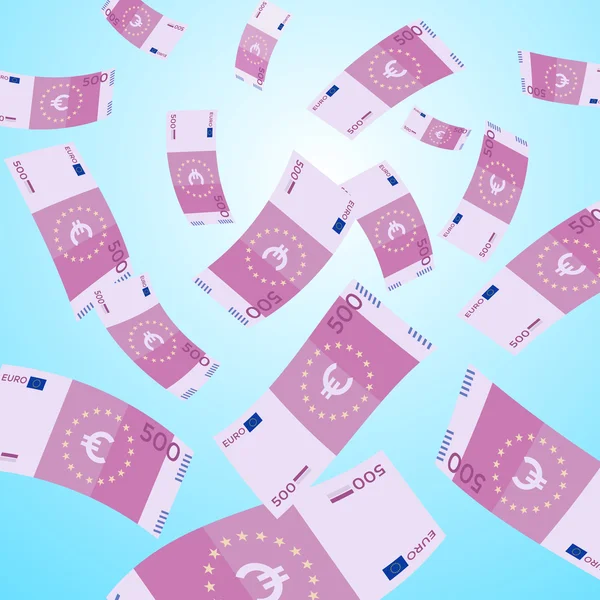Geld dat uit de lucht op een blauwe achtergrond valt. 500 euro bankbiljetten vallen. Vector illustratie. — Stockvector