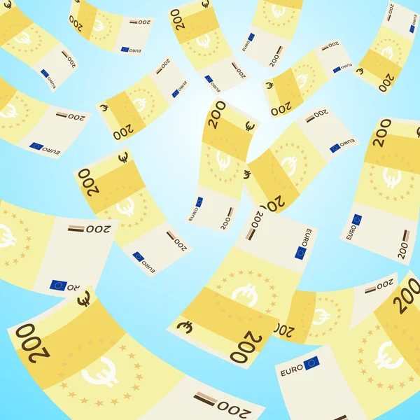 Dinero cayendo del cielo sobre fondo azul. Billetes de 200 euros cayendo. Ilustración vectorial . Ilustración de stock